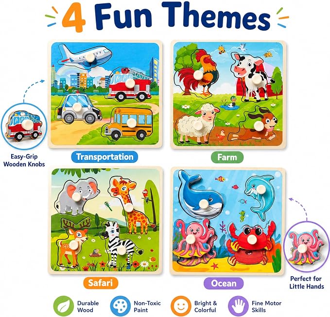 Wooden Peg Puzzle Set for Toddlers, 4 Pack Animal Vehicle Ocean Farm Puzzles - Image 2