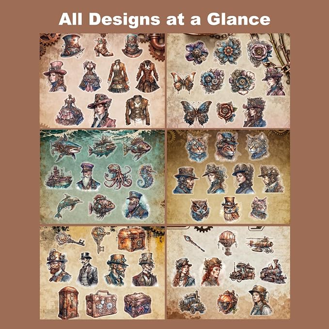 120PCS Steampunk PET Stickers, Mechanical Cats, Planner Collage, Water Bottle - Image 5