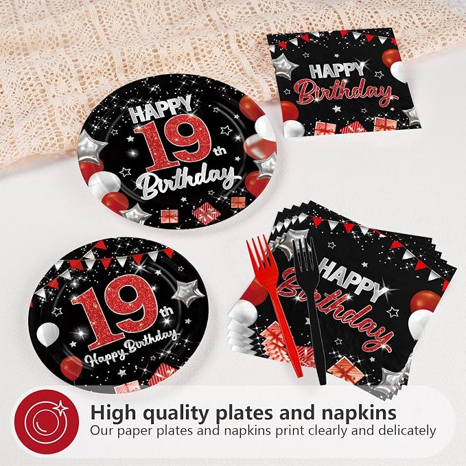 96Pcs Red and Black Party Decorations Happy 19th Birthday Plates and Napkins - Image 4