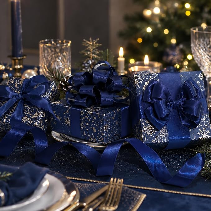 HUIHUANG Navy Blue Satin Wired Ribbon 2.5 inch Navy Wire Edge Christmas Ribbon - Image 7