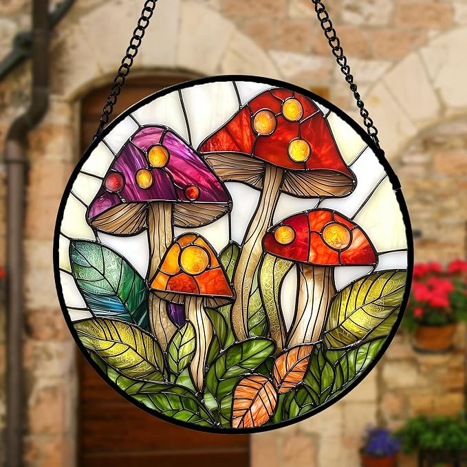 DASTOLL Stained Glass Window Hanging, Mushroom Leaves Suncatcher - Image 4