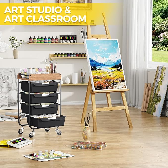 SYKIARIOL Utility Cart with 4 Labeling Drawers and Wooden Tabletop – Rolling - Image 7