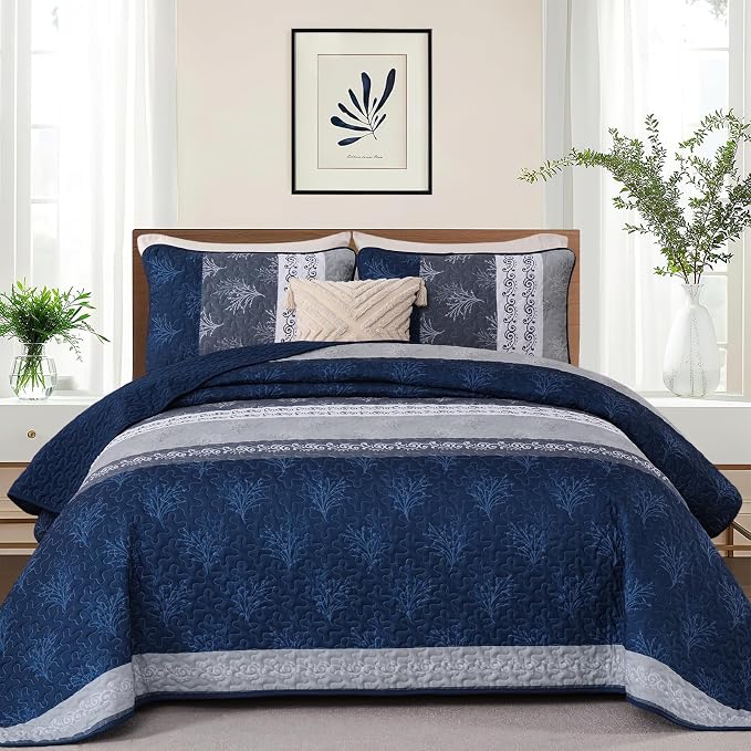 DJY Stripe Quilt Set King Size Navy Blue Bedspread Coverlet Set 3 Pieces Boho - Image 2