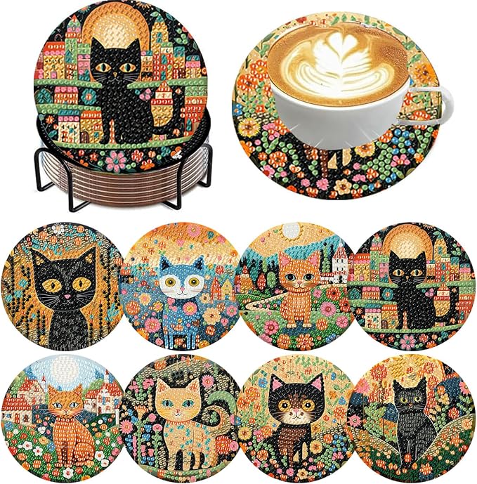 ijbnhd 8 PCS Diamond Art Coasters Kit Cat Diamond Painting Coasters | Cat by ijbnhd