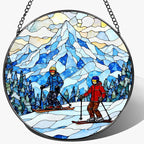 8'' Snowy Mountain Skiers Sun Catcher Ornament, Stained Glass Window Hanging by Unknown