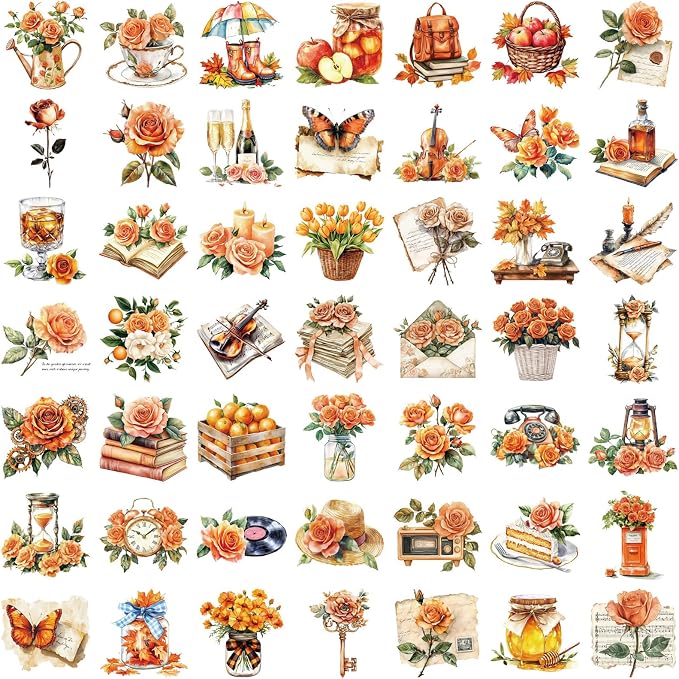 50 Pieces Vintage Orange Rose Floral Transparent Stickers - Image 2