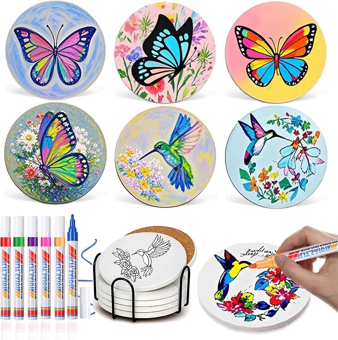 6 Absorbent Ceramic Tiles with Cork Base, Paint Your Own Butterfly Coaster | by Unknown