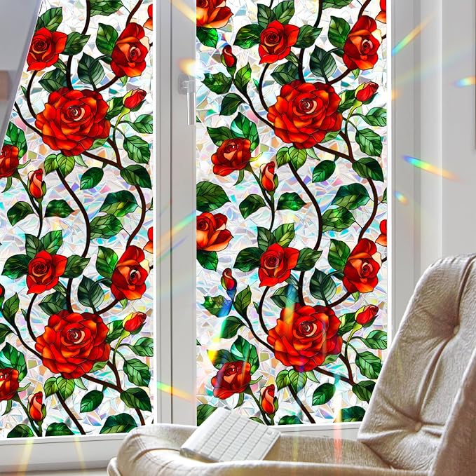 Bloss Rose Stained Glass Windows Film 17x78.7Inch 3D Flower Privacy Window Film - Image 8