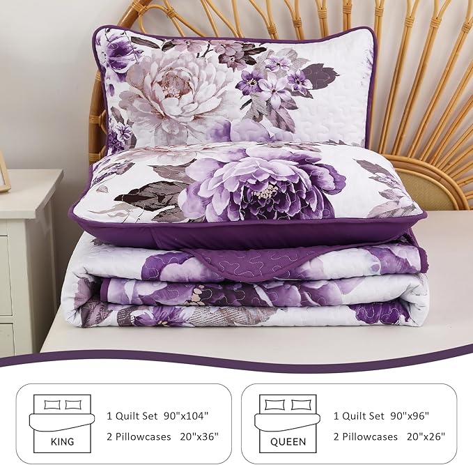 WONGS BEDDING Purple Floral Quilt Set King, 3 Pieces Reversible Lightweight - Image 7