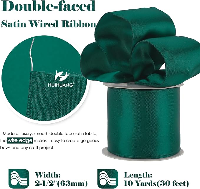 HUIHUANG Hunter Green Satin Wired Ribbon 2.5 inch Dark Green Wire Edge Ribbon - Image 2