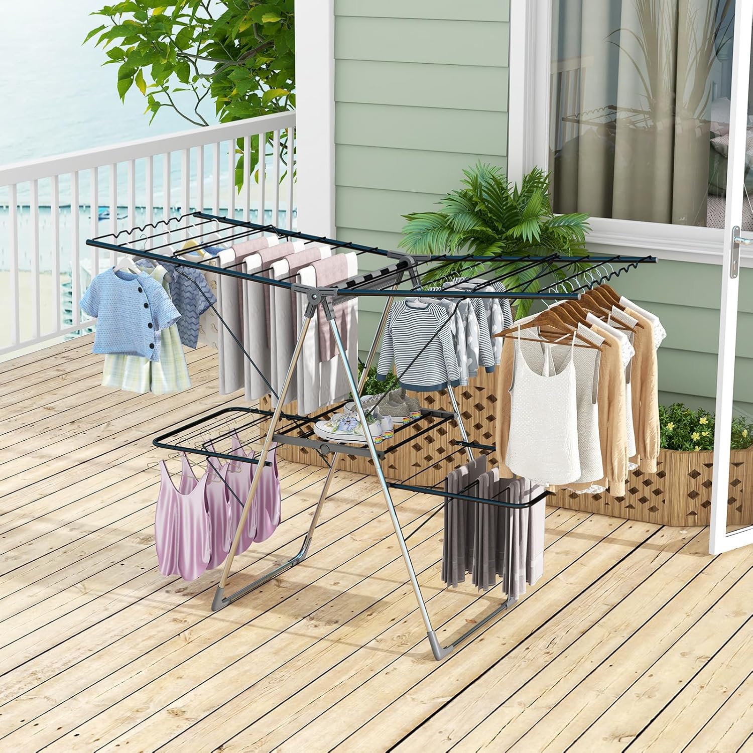 Giantex Clothes Drying Rack, Foldable Laundry Drying Rack with 33 Drying Rails, 3-Level Adjustable Height, Versatile Clips, Wave-Shaped Bars, Collapsible Freestanding Airer for Indoor Outdoor
