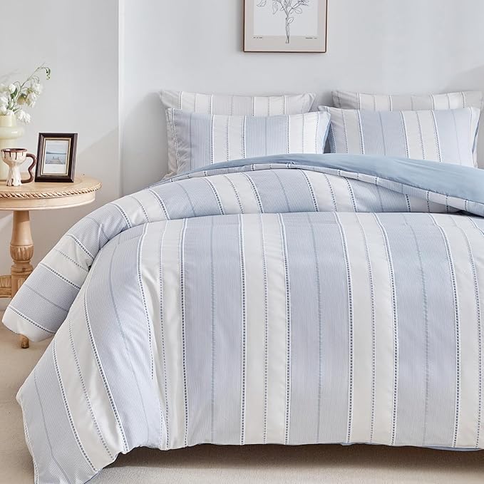 WARMDERN Blue Striped Weave Duvet Cover Queen Size, Microfiber Textured Bedding by WARMDERN