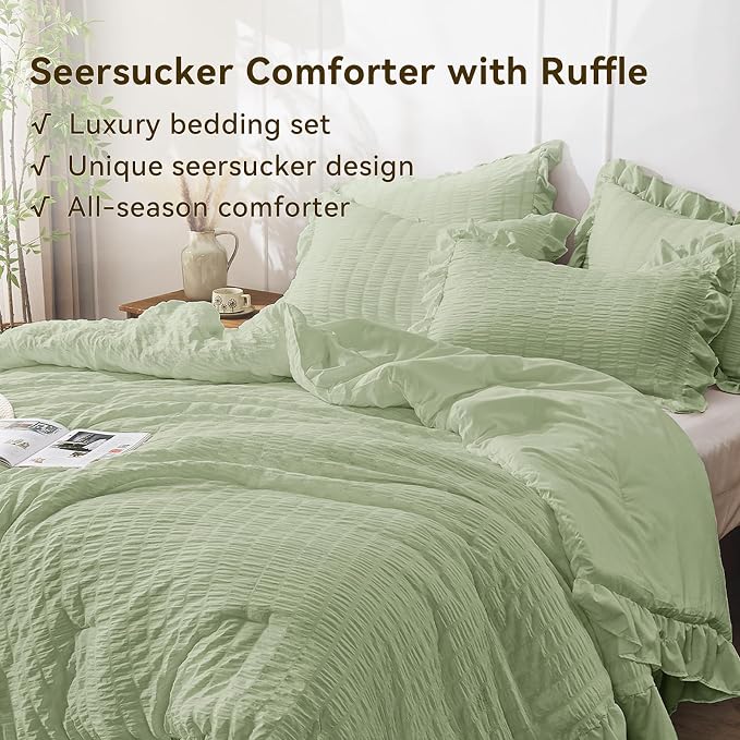 JOLLYVOGUE Sage Green Queen Comforter Set, 3 Pieces Seersucker Comforters Queen - Image 3