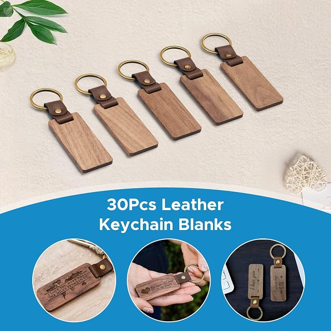 OMTech Wooden Keychain Blanks, Wood Key Chain Bulk, Unfinished Wooden Key Rings - Image 2