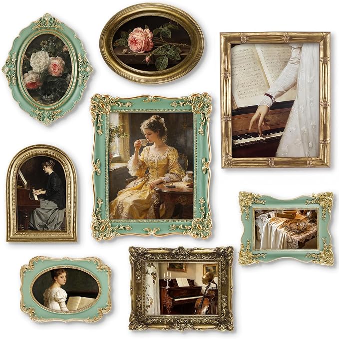 Lineshading 8 Pcs Gold and Green Picture Vintage Gallery Wall Frame Set by Lineshading