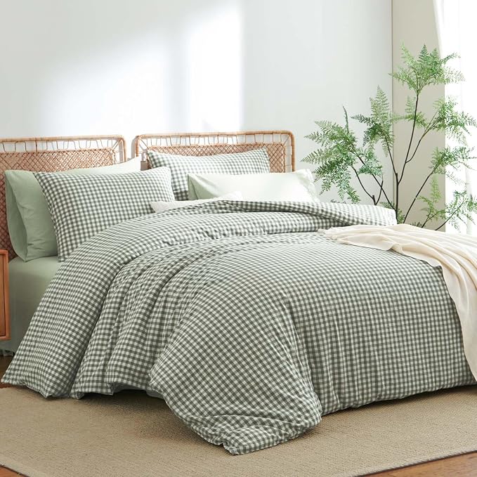 Nayoroom Gingham Duvet Cover King Size 100% Washed Cotton Green Plaid Checkered - Image 3