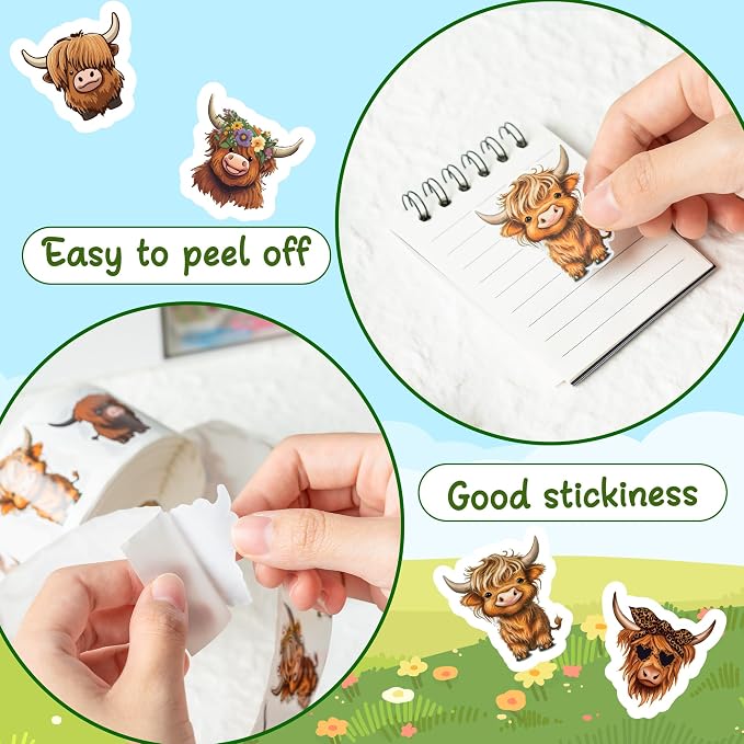 800Pcs Cute Highland Cow Roll Stickers Hyland Cattle Decals | 8 Styles - Image 4