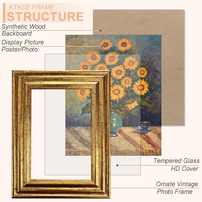 KTKDE 4x6 Picture Frame Set of 4, Ornate Vintage Gold Photo Frames - Image 2