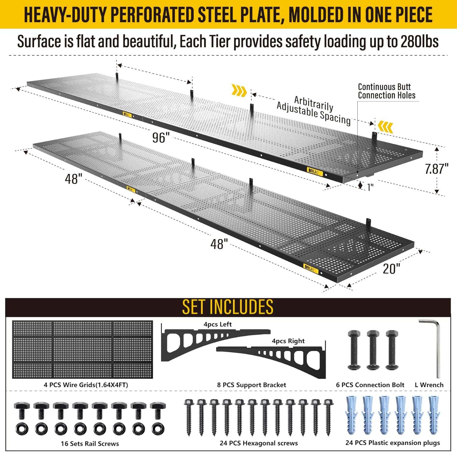 4Pack 1.64x4ft Adjustable Metal Garage Wall Shelving Heavy Duty Garage Storage Shelf Wall Mounted Black