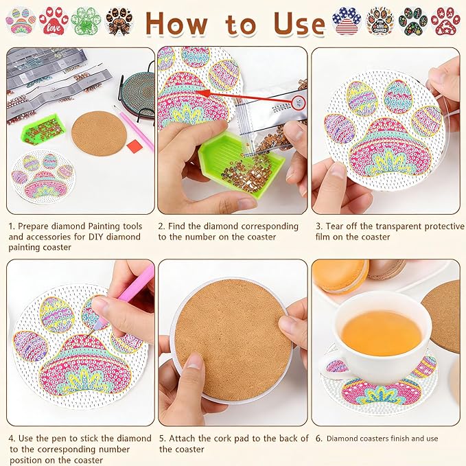 8 PCS Diamond Art Coasters Kit, Cute Paw-Shaped Diamond Painting Coasters - Image 7