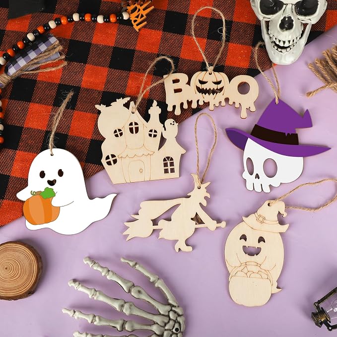 24 PCS Unfinished Wooden Halloween Crafts, Pumpkin Ghost Shaped Hanging - Image 3