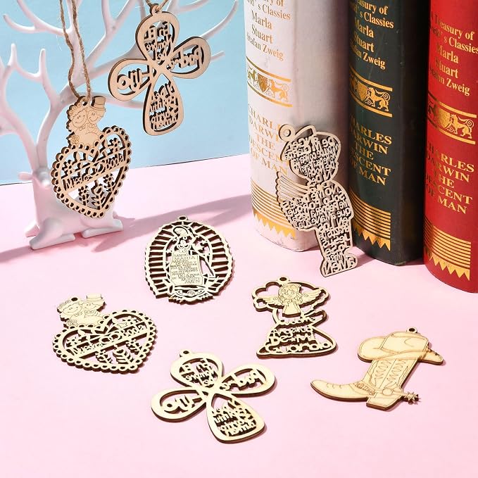 35 pcs 7 Styles Wedding Theme Wood Cutout Charms Angel Goddess Heart Cross Sun - Image 6