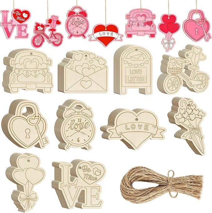 80PCS Wooden Heart Ornaments to Paint Valentine's Day Craft, 10 Styles DIY by Sophena