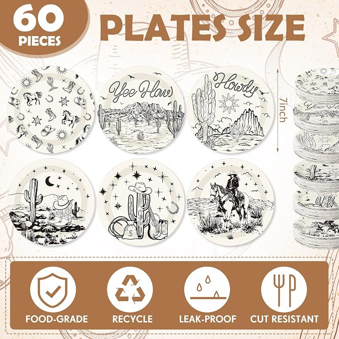 Funnymoom 60 Pcs 7 Inch Western Cowgirl Cowboy Baby Shower Paper Plates Wild - Image 2