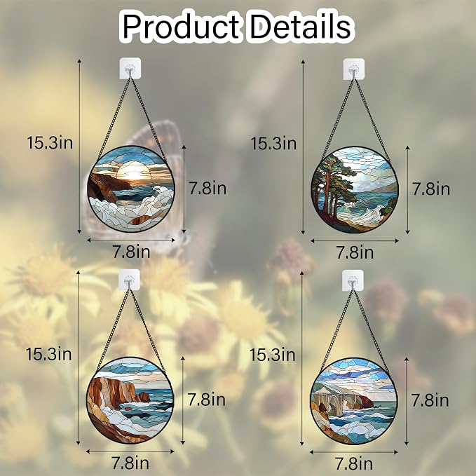 DASTOLL Stained Glass Window Hanging 4 Pcs Set Ocean Waves 7.8" - Image 6