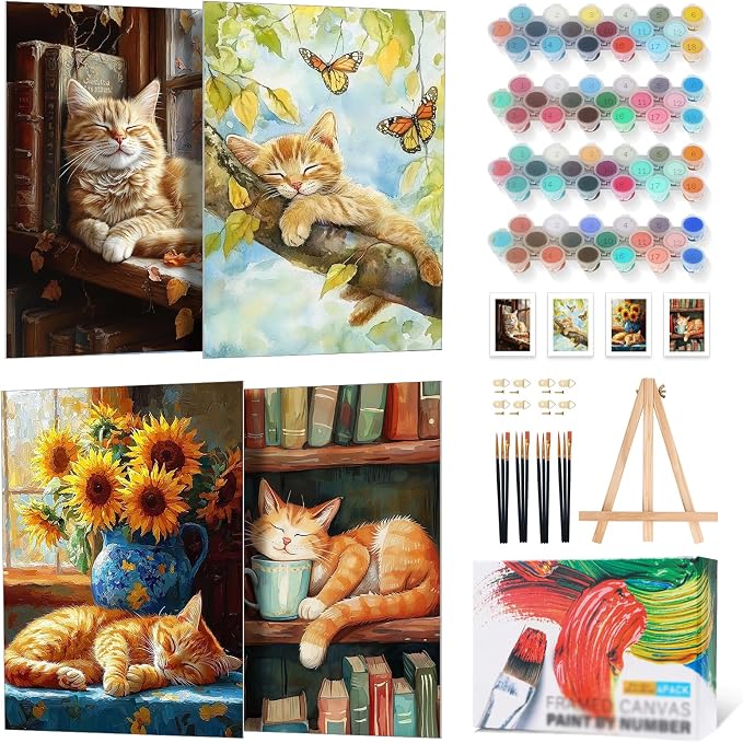 Yezavesu 4 Pack Cat Framed Paint by Numbers Kit by Yezavesu