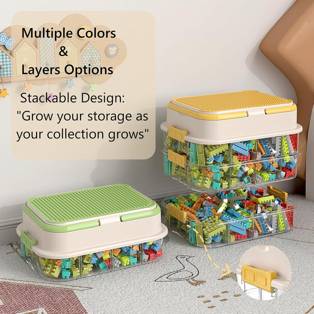 Toy Storage Organizer Box with Handle, Stackable Building Block Toy Box with Building Plate Lid & Removable Sorting Trays, Cubby Bins and Containers 3 Layer (Lemon)