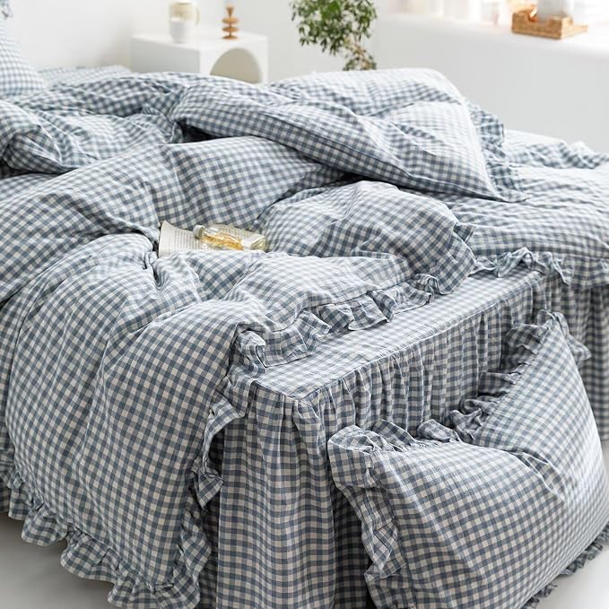 MKXI Blue and White Gingham Duvet Cover Queen Size, 3-Piece Bedding Set - Image 6