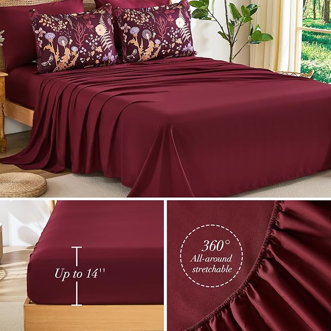 Yiran Queen Comforter Set 7 Piece, Burgundy Floral Bedding Set, Bed in a Bag - Image 5