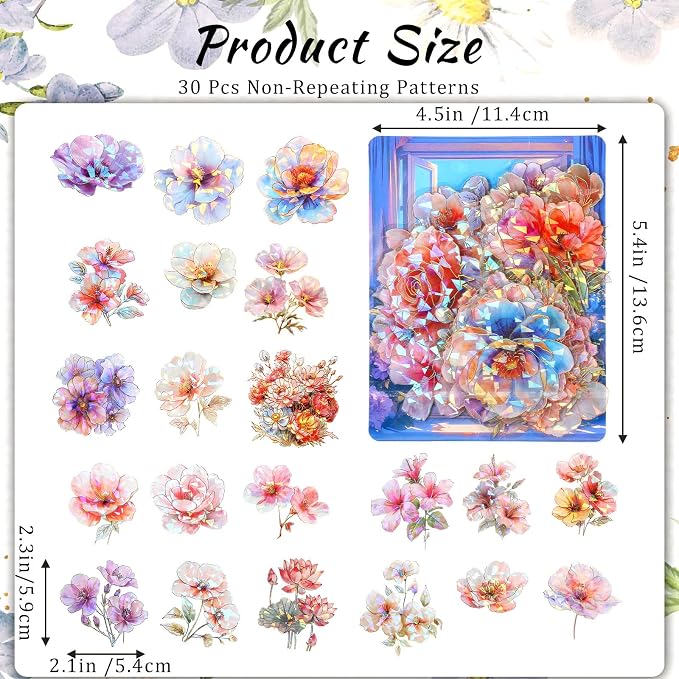30 PCS Sparkly Flower Stickers Clear Glitter Floral Stickers Holographic PET - Image 2