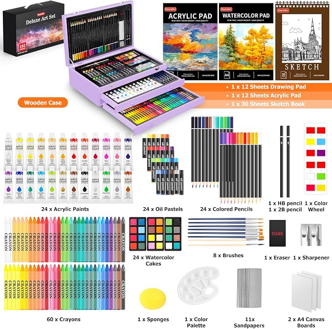 Soucolor Art Supplies, Watercolor Pad, Sketch Book, Acrylic Paint, Pencils - Image 2