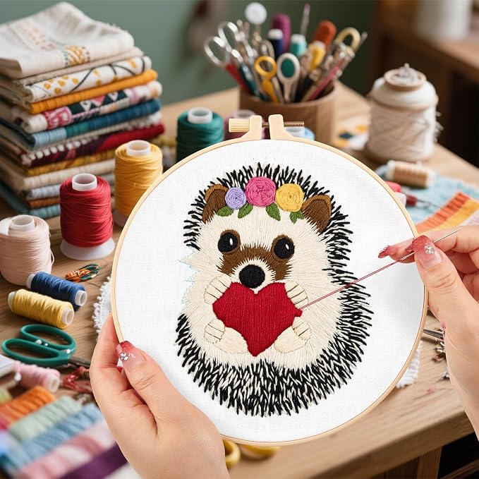 Cute Hedgehog Embroidery Kits for Beginners Adults, Animals Embroidery Starter - Image 4