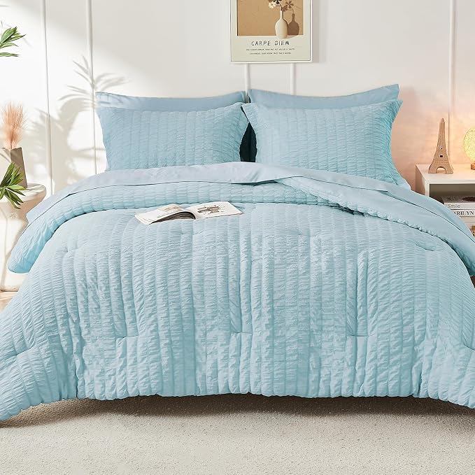 HYMOKEGE Lake Blue Full Size Comforter Sets Seersucker 7 Pieces, All Season - Image 9