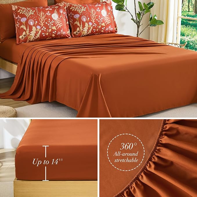 Yiran Queen Comforter Set 7 Piece, Burnt Orange Floral Bedding Set, Bed in a - Image 5