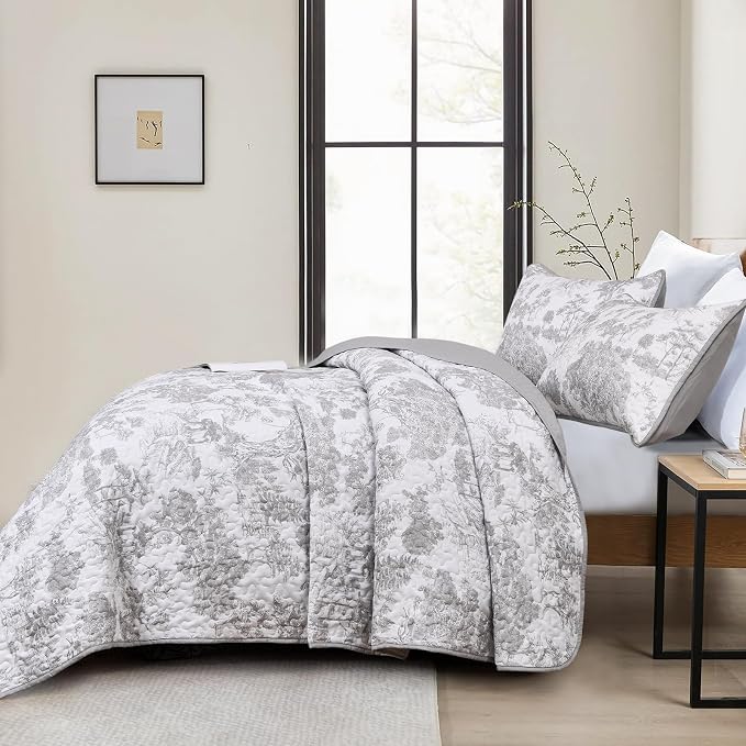 WONGS BEDDING Grey Quilt Set Queen Size, 3 Pieces Botanical Bedspreads Set - Image 3
