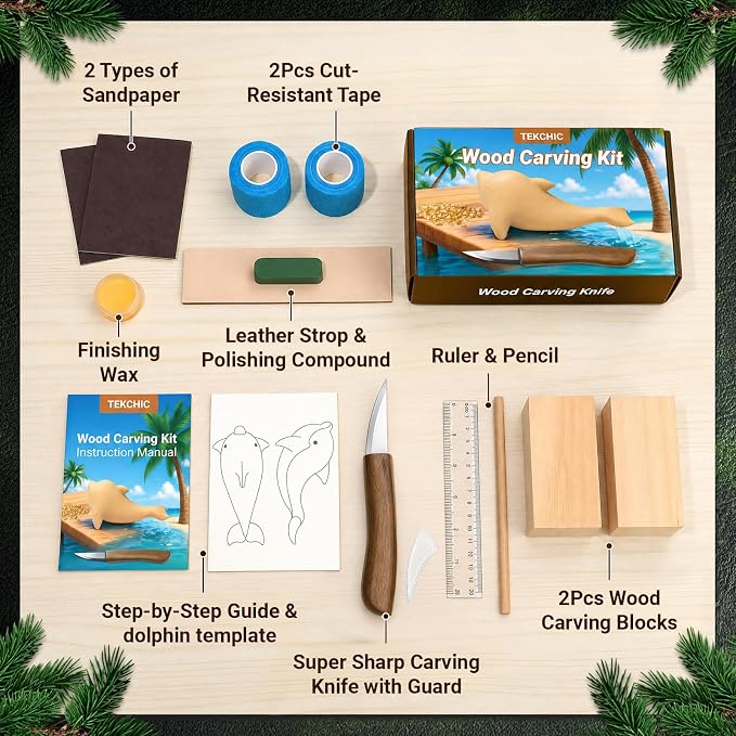 TEKCHIC Wood Carving Kit for Beginners | Dolphin DIY Whittling Knife Set - Image 2
