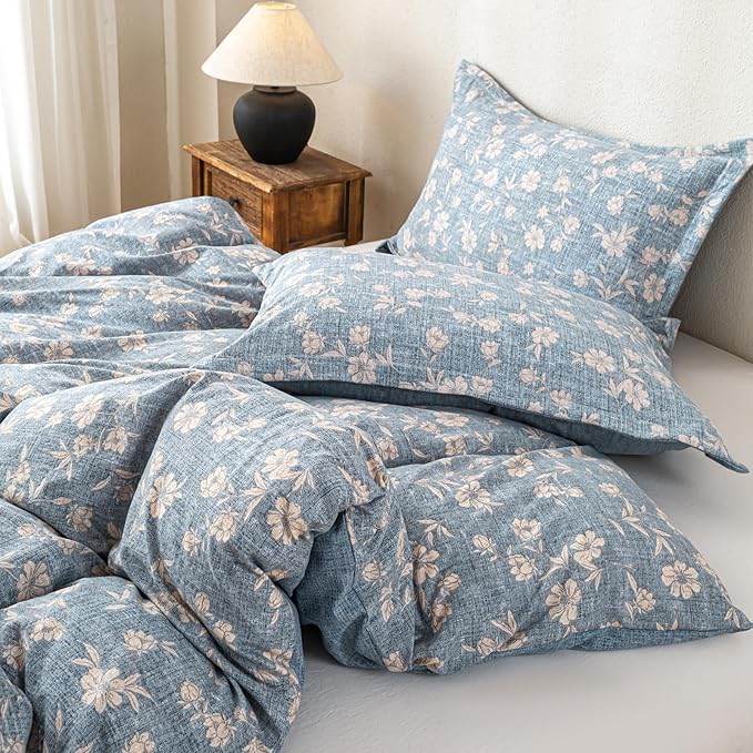 OAITE Blue Flower King Size Duvet Cover-3 Pieces Prewashed Cotton-Like - Image 3