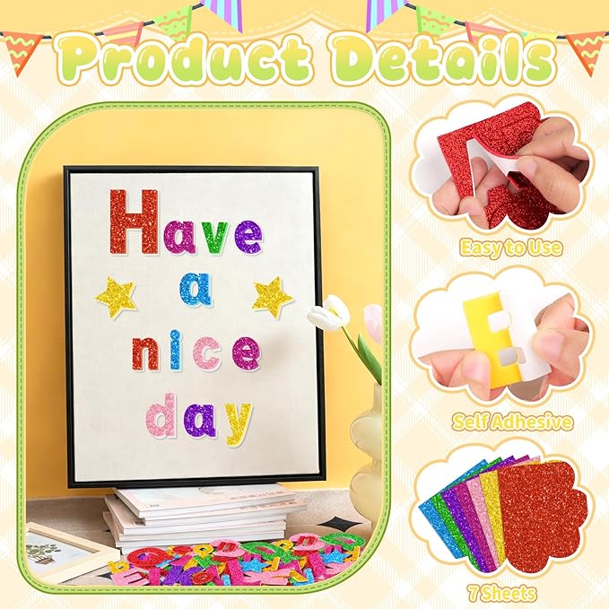 Glitter Foam Letter Stickers 469 Pcs Self-Adhesive Uppercase & Lowercase ABC - Image 3