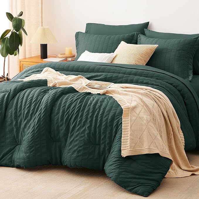 CozyLux Oversized King Comforter Set Forest Green Seersucker 7 Pieces 120x98 by CozyLux