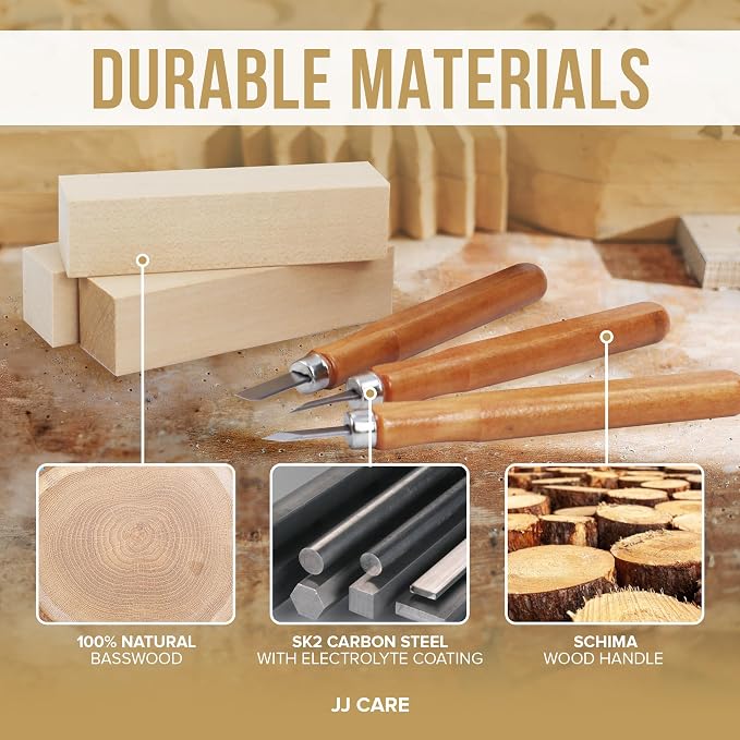 JJ CARE Wood Carving Kit, 10 Basswood Blocks, 1 Grinding Stone & Storage Case - Image 6