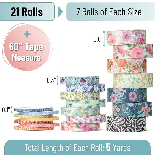 Mr. Pen- Washi Tape Set, 21 Rolls, Floral Vintage | 5 Yards/Roll, Washi Tape - Image 2