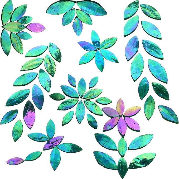 120 Pcs Iridescent Green Floral Mosaic Tiles, Hand Cut Stained Glass Petals by KALUCION