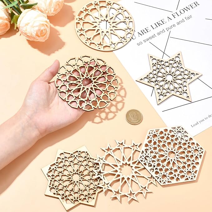 12 pcs 6 Styles Hollow Star Theme Wooden Drink Coasters Snowflake Hexagon - Image 4