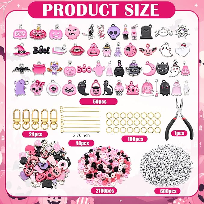 Tondiamo 2823 Pcs Pink Halloween Bead Keychain DIY Craft Making Kit Key Ring - Image 2