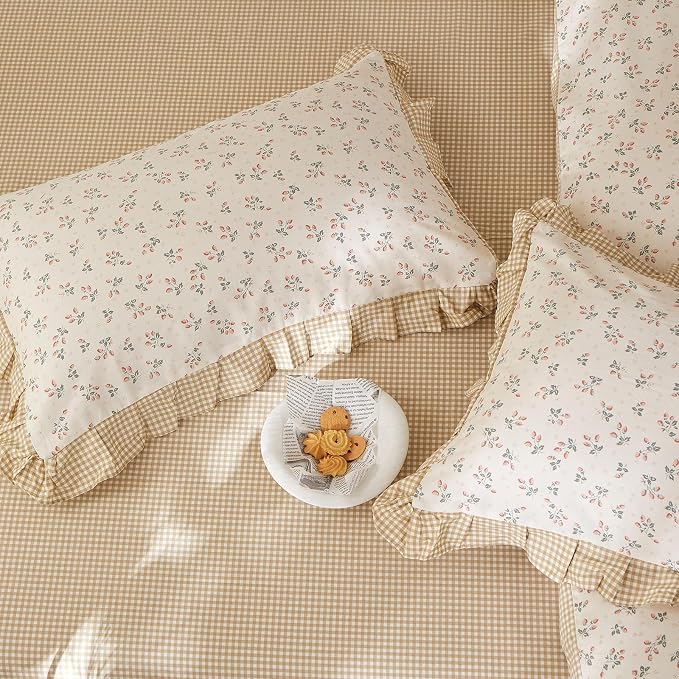 mixinni Beige Floral Duvet Cover King Size, 100% Cotton Cute Strawberry Floral - Image 6