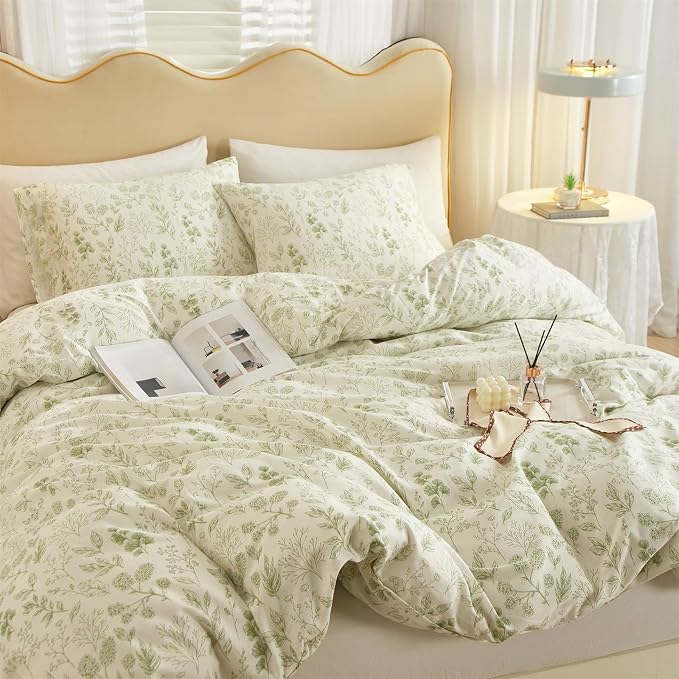 mixinni Girls Boho Green Floral Duvet Cover Set Twin Size Cotton Soft Aesthetic - Image 4